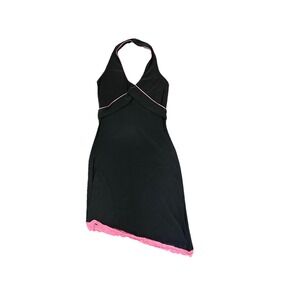 Y2K Vintage Black Pink Halter Dress Ruffle Hem Asymmetric Romantic Whimsigoth M